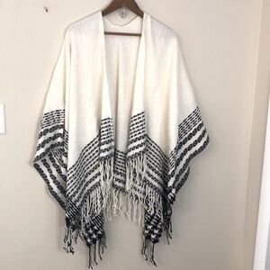 Cozy cream shawl cape cream black striped hem & fringe trim Scandi soft warm OS